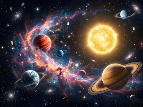 Solar system with planets and sun in deep space galaxy background, universe