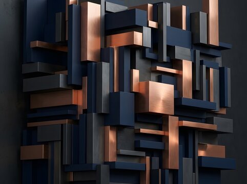 Modern abstract geometric background with copper and dark blue 3D blocks