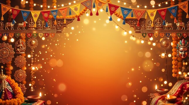 Gai Jatra wallpaper background, warm orange to gold gradient, elegant Nepal-inspired ornaments
