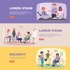 Naklejka premium Disability support. Vector illustration shows inclusive teamwork accessibility and assistance for people with disabilities in daily life