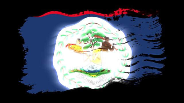 Waving torn Belize flag grunge brush burn light leaks, transparent background alpha channel loop full HD