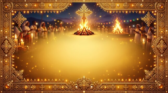 Meskel background wallpaper, yellow and gold gradient blend, sophisticated cultural ornaments framing edges