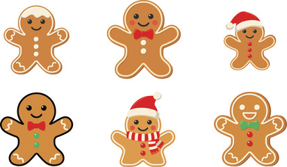 Fototapeta premium Gingerbread man cookies set. Cute Christmas holiday biscuit character collection. Isolated winter sweet elements. Flat cartoon vector illustrations.