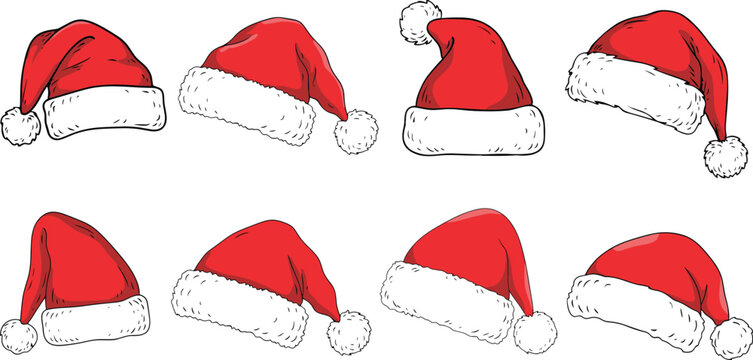 Hand drawn Santa Claus hats. Sketch Christmas red cap collection. Isolated winter holiday elements. Festive outfit vector illustrations.