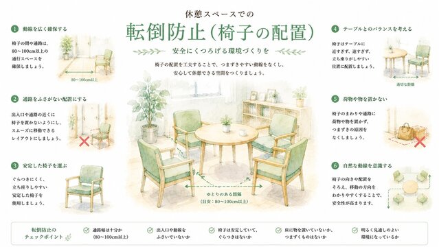 休憩スペースにおける転倒防止のための椅子の安全な配置と環境作りを説明するイラスト