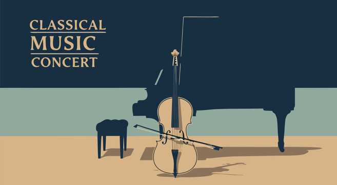 Minimalist classical music concert vector illustration with cello and grand piano silhouette on vintage background, eps graphic art