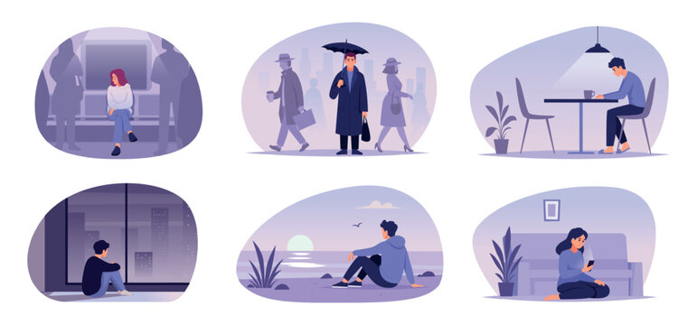 Social Isolation. Vector collection with lonely characters sitting alone using phones working sleeping and watching crowds exact emotional concept