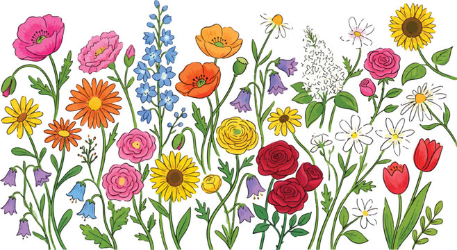 Colorful floral arrangement illustration with poppies roses and sunflowers