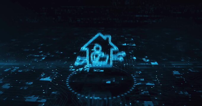 Remote work freelancer hologram symbol appears on a digital background. Network, cyber technology and computer abstract concept 3d animation.