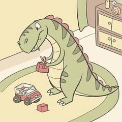 Cute cartoon dinosaur playing with building blocks and a toy truck © Stock