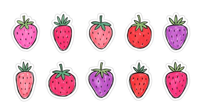 Set of Hand Drawn Colorful Strawberry Stickers and Doodles