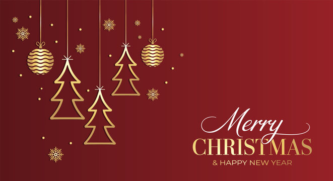 Elegant Christmas Greeting Card Design - Golden Hanging Ornaments, Trees and Snowflakes on Deep Red Background