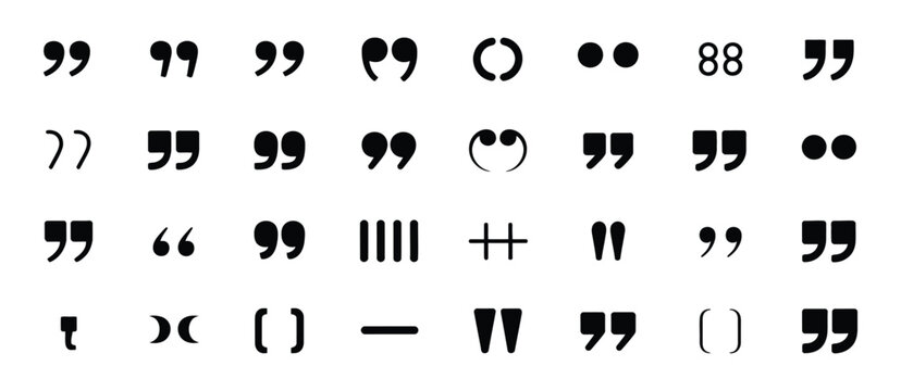 Quote mark icons set vector illustration, black quotation marks collection, isolated punctuation symbols, typographic design elements on transparent background.