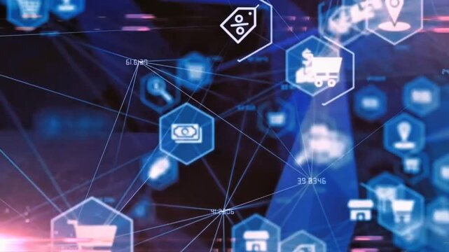 Abstract blue neon network constellation connecting digital shopping carts, online banking, and global e-commerce icons encased in glowing tech hexagons.