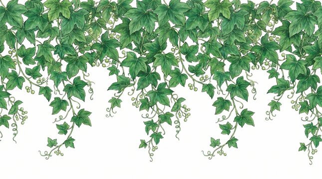 Watercolor Green Ivy Leaves Seamless Hanging Border on White Background