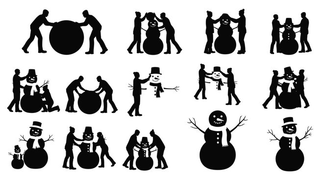 People dancing and playing with snowman in winter festival scene outdoors