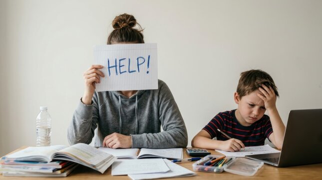 Overwhelmed parent holding a 'Help!' sign while child struggles with homework at a desk