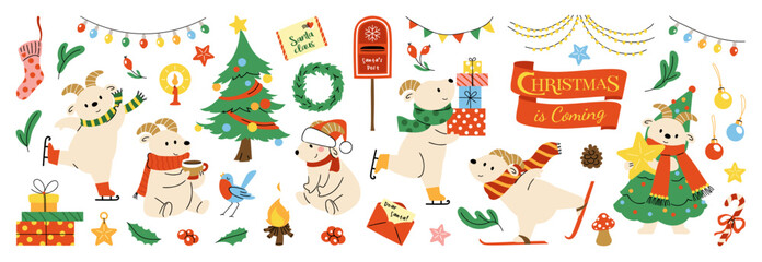 Fototapeta premium Cute goat Christmas and New Year vector set. Kawaii goat characters with festive holiday items, Christmas tree, decorative string lights, gifts, ornaments and happy celebration elements.