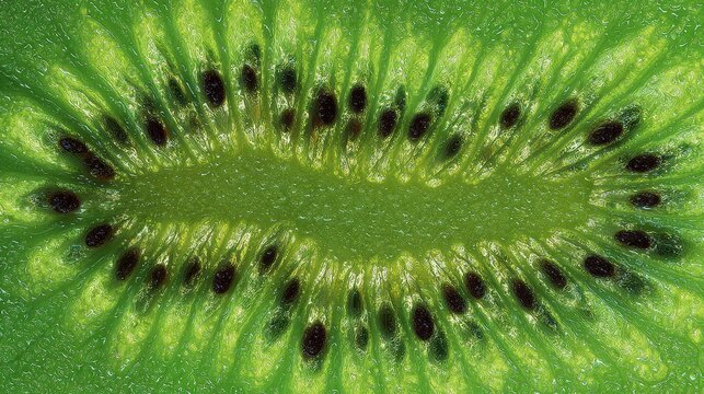 Macro close-up of fresh green kiwi fruit slice with black seeds