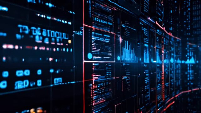 Futuristic data server background with glowing red and blue neon lights showing digital financial analytics, abstract source code matrix, and high-tech information lines.