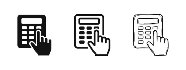 Calculator with finger pressing button icon set, vector solid, line and sketch art © drawing lines