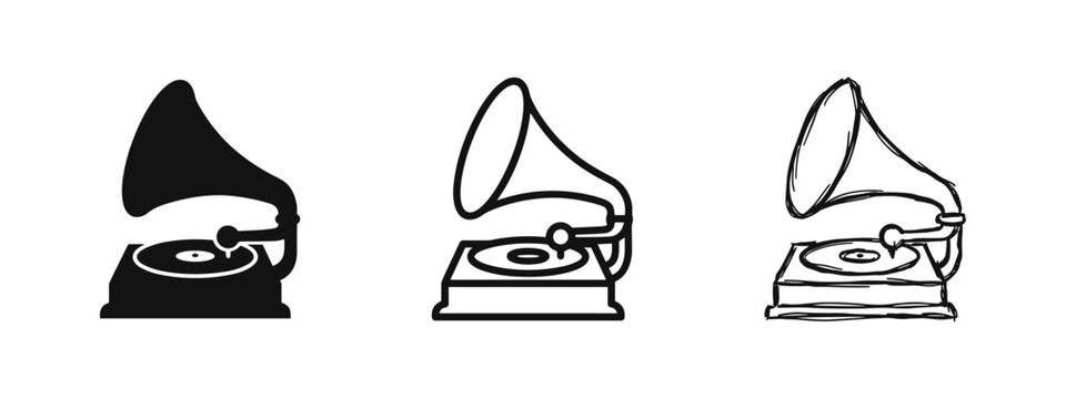 Set of gramophone icons, solid, outline and sketch styles