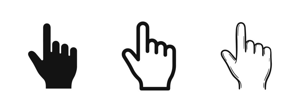 Hand cursor pointing icons, web interface selection tools in solid, outline and doodle styles