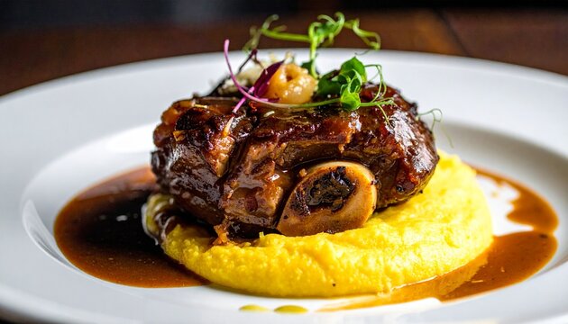 Rich osso buco with creamy polenta, elegant fine dining presentation, sophisticated Italian restaurant, moody lighting, luxury food photography
