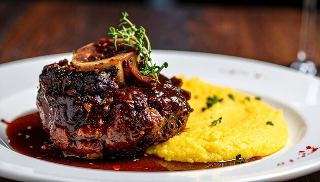Rich osso buco with creamy polenta, elegant fine dining presentation, sophisticated Italian restaurant, moody lighting, luxury food photography
