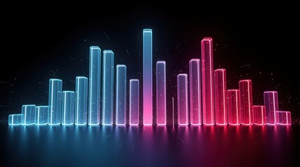 Fototapeta premium A glowing 3D digital bar graph with blue and red neon bars on a dark background, representing data visualization or audio levels.