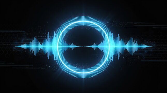 A glowing blue circular soundwave pattern with digital elements on a dark background, representing audio or technology visualization.