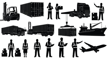 Obraz premium Workers loading cargo containers onto truck, ship, and airplane at industrial port facility with forklifts and cranes.