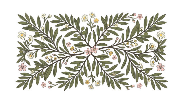 Floral leafy branch border illustration with green leaves and small flowers