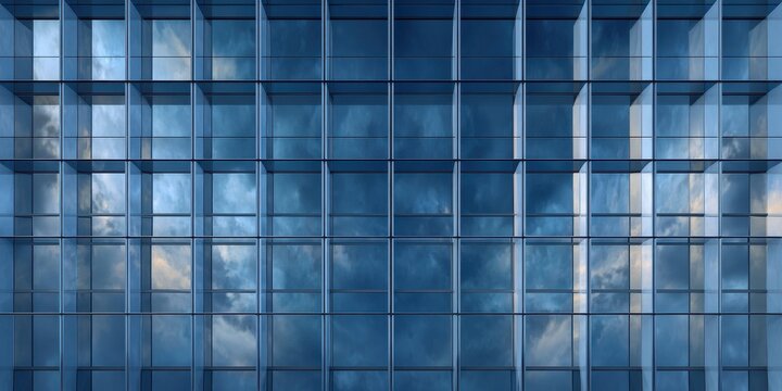Uniform Blue Glass Grid Facade of a Modern Symmetrical Office Building