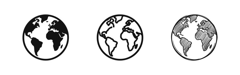 Earth globe icon set, planet earth silhouettes and line drawings © drawing lines