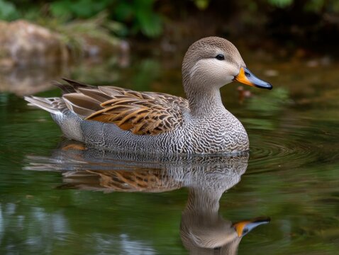 A gadwall duck swimming on a calm pond, showcasing its patterned gray and brown plumage with a detailed reflection on the water surface.