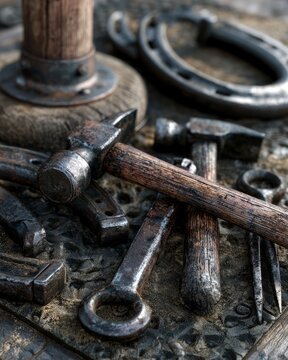 Close-up of rustic farrier tools and horseshoes on stable mat