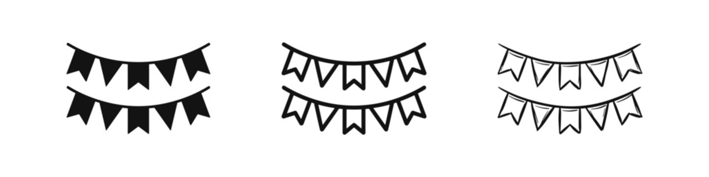 Set of festive bunting flags icons in solid, outline, and sketch styles