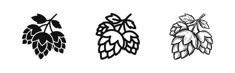 Obraz premium Hop Cones and Leaves Icon Set: Solid, Outline, and Sketch Styles