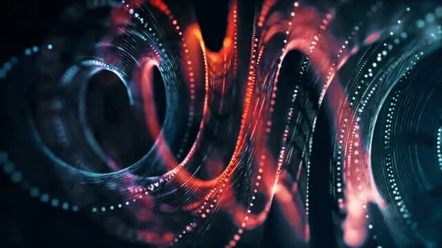 Mesmerizing abstract background loop of twisting digital plexus waves made of glowing red and blue dots, creating a high-tech science fiction data stream pattern.