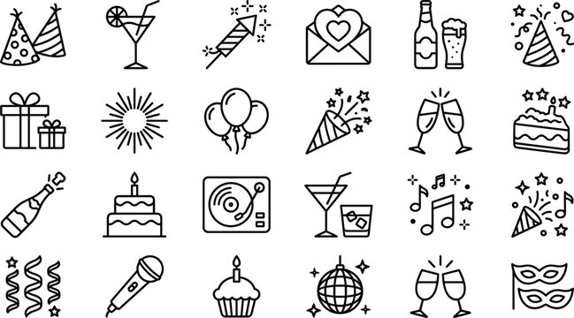 Party and Celebration Line Icon Set Featuring Birthday Cakes Balloons Fireworks Gifts Cocktails Champagne Toasting Disco Balls and Music Entertainment Outline Symbols