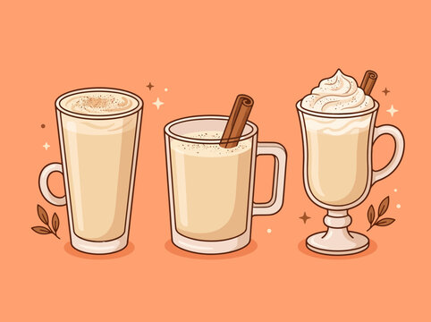 Three Glasses of Festive Eggnog with Cinnamon and Cream, Perfect for Holiday Celebrations