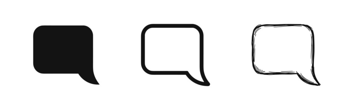 Speech bubble icon set, chat dialogue box symbols in solid, line, and doodle hand drawn styles