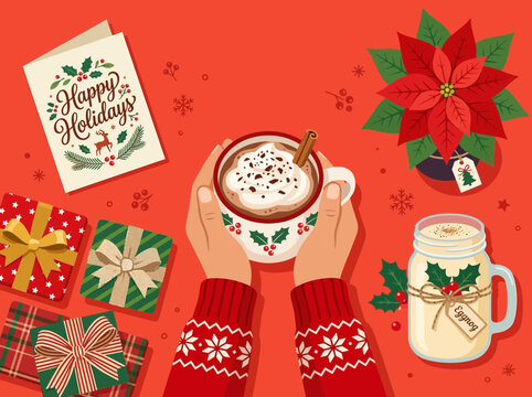 Cozy Christmas hot chocolate and eggnog with gifts and holiday greetings