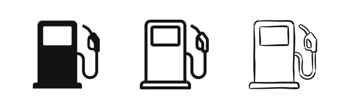 Gas station fuel pump icon set, petrol station dispenser symbols in solid, line, and doodle hand drawn styles