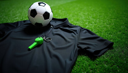 Fototapeta premium Soccer ball sits on black referee shirt with green whistle on grass field. Official sports gear for match. Preparation for game starts on green turf.