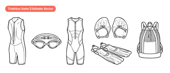 Triathlon swimming equipment vector illustration set featuring sleeveless trisuit wetsuit front back view goggles hand paddles flippers and mesh backpack for athlete training gear design template © Dinali