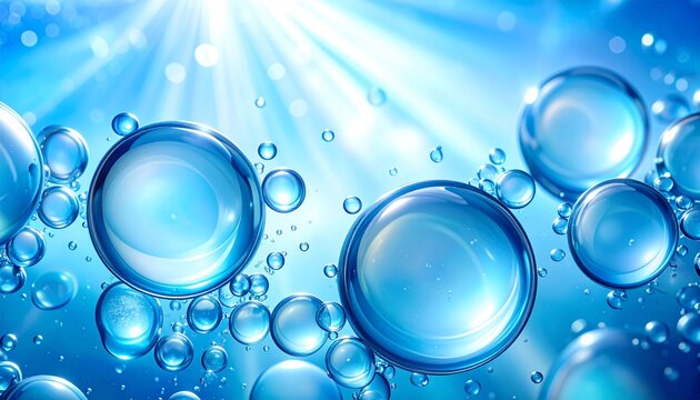 Close up of blue oil bubbles and small emulsions floating in a blue liquid.