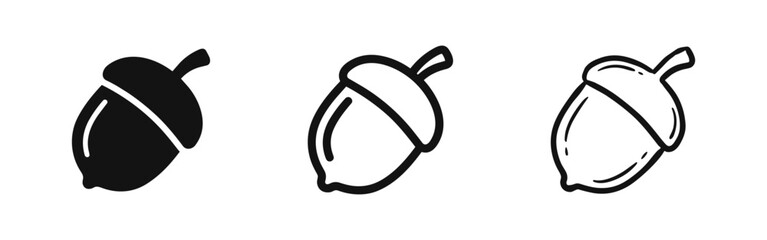 Three acorn icons in solid, line art, and hand-drawn sketch styles, representing nuts. © drawing lines