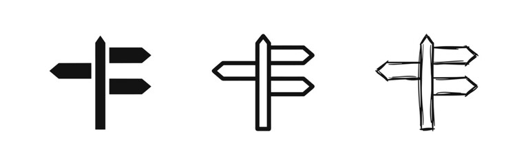 Set of three signpost icons: solid black, outline, and sketch. © drawing lines